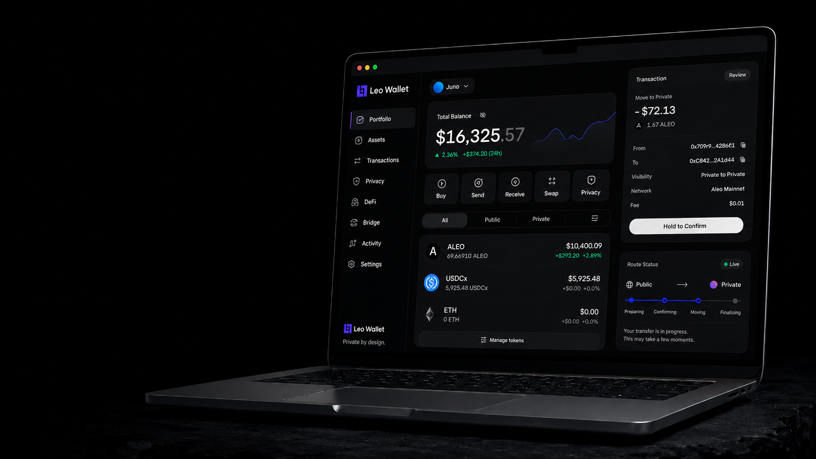 Leo Wallet Desktop interface on a MacBook showing private assets, DeFi, bridge routes and transaction review